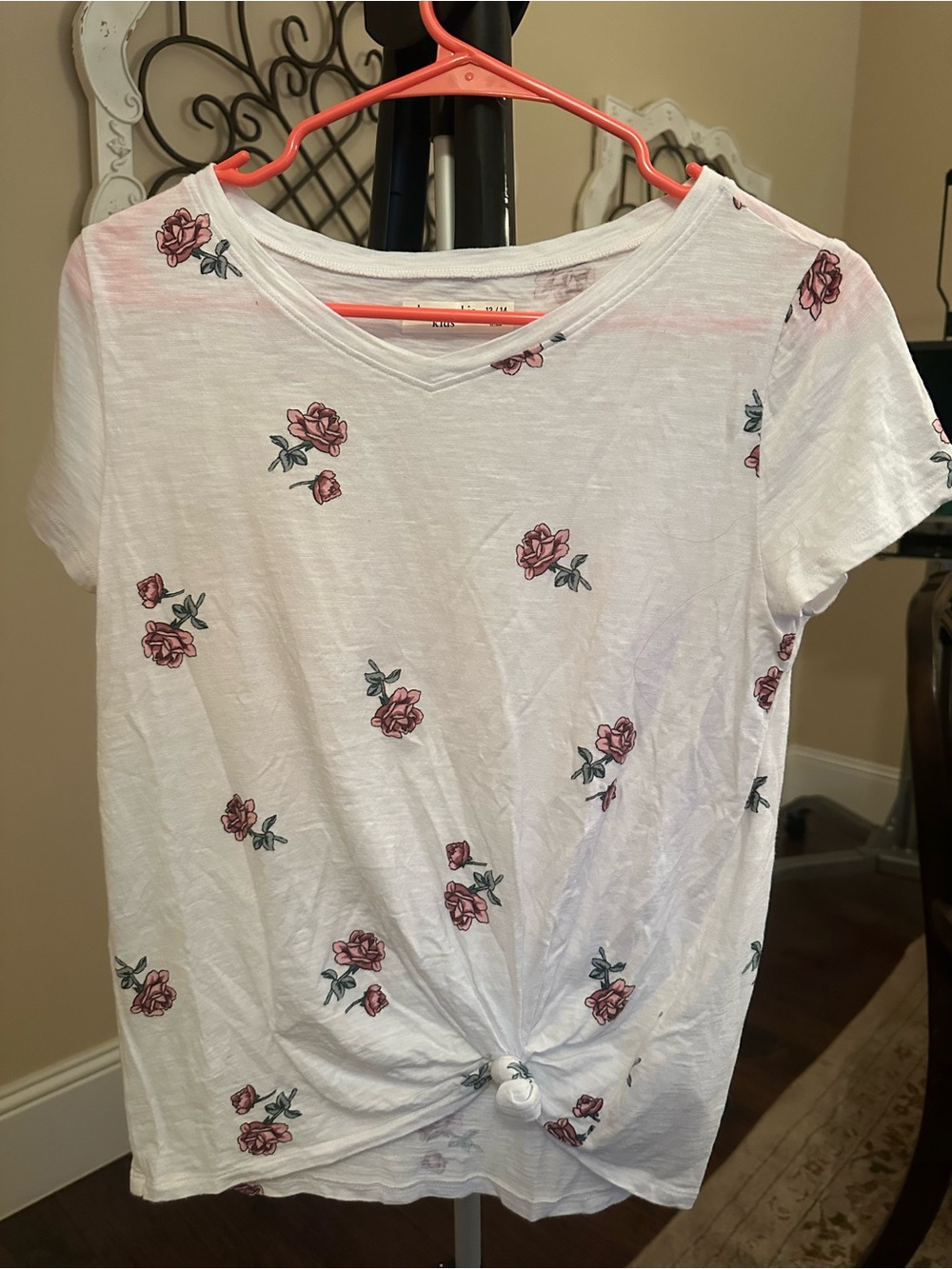 abercrombie kids White Tee with Pink Rose Print and Front Tie